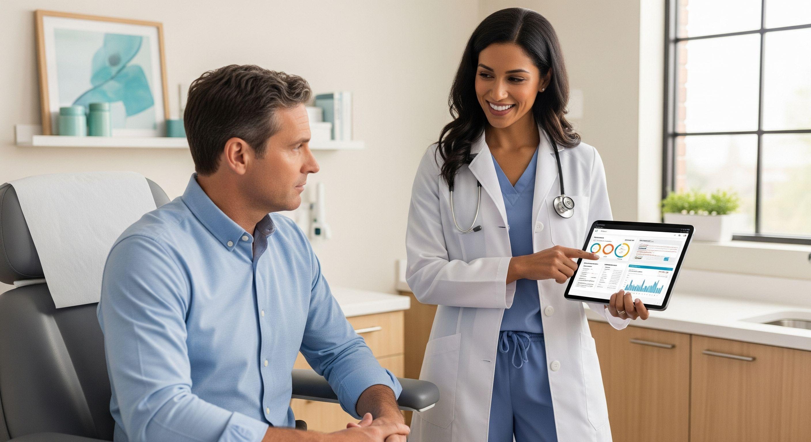 Clinician reviewing a digital healthcare dashboard with a patient